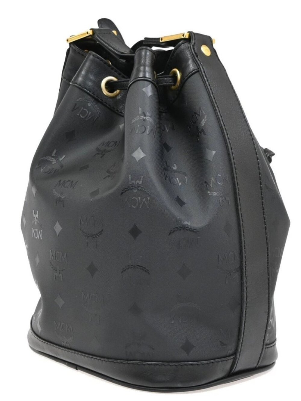 MCM Logo Visetos Pattern Drawstring Shoulder Bag PVC Leather Black GHW 64EG415 - Picture 4 of 13